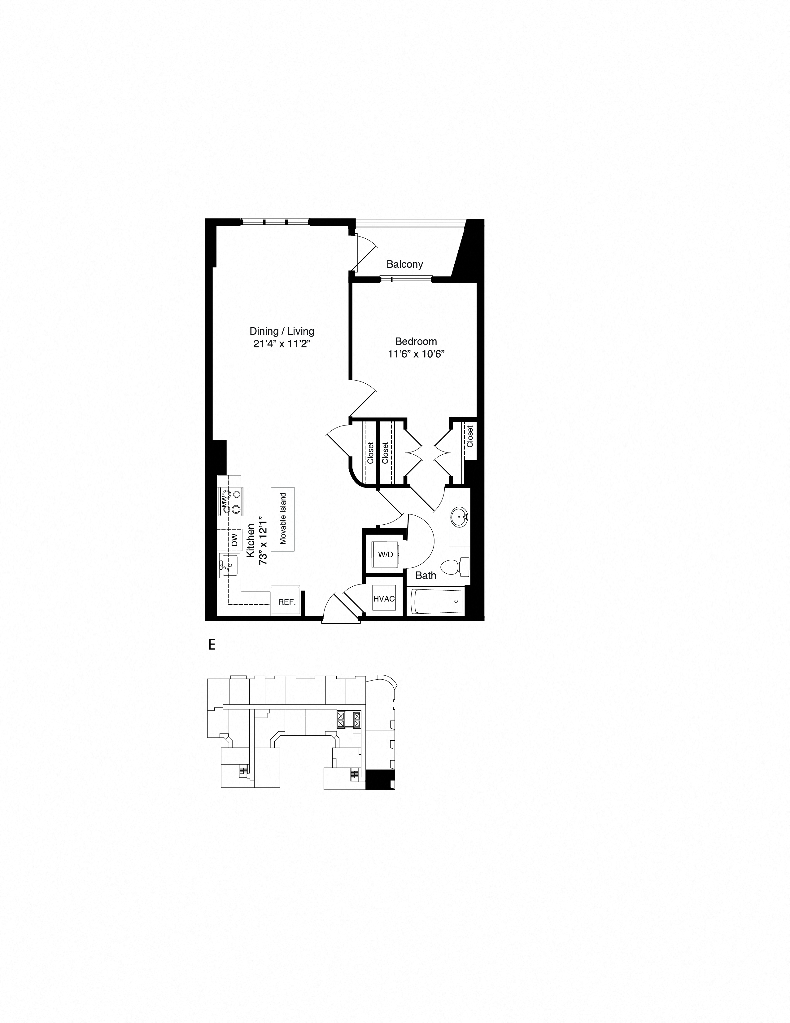 Floor plan for 1 bed, 1 bath, 746 sqft